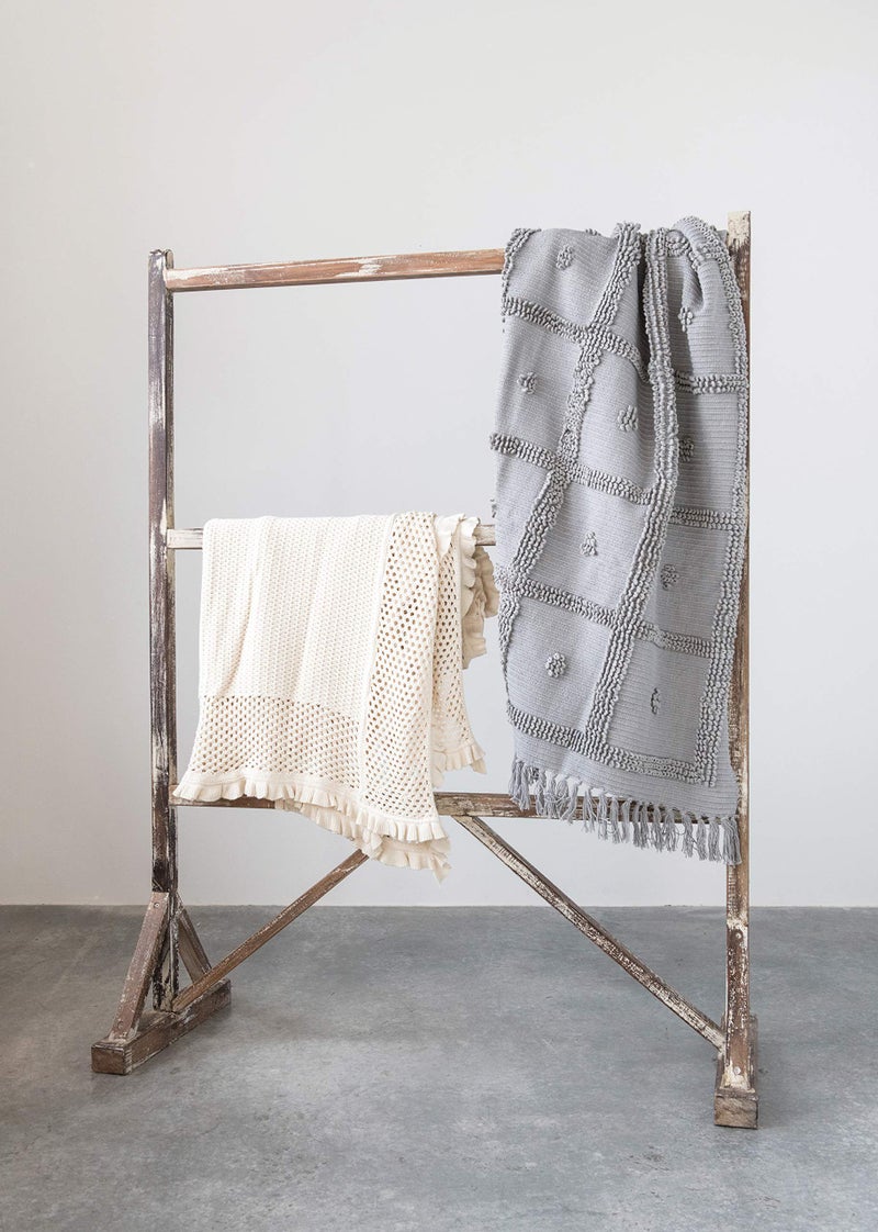 Creative Co-Op Grey Cotton Chenille Throw with Fringe - Image 2